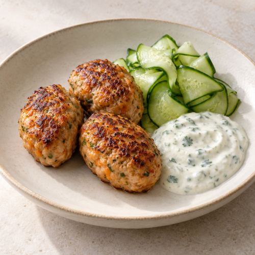 Turkey Kofta, Carrot and Cumin–Lime Yogurt - Fresh Start 30: A Journey To Better Health Turkey Kofta, Cumin–Lime Yogurt and Cucumber